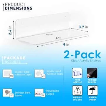 OAPRIRE Clear Acrylic Floating Shelves Set of 2 with Cable Clips - Easily Expand Wall Space - Small Wall Shelf with Strong Adhesive for Bathroom, Bedroom, etc