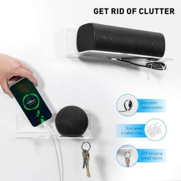 OAPRIRE Clear Acrylic Floating Shelves Set of 2 with Cable Clips - Easily Expand Wall Space - Small Wall Shelf with Strong Adhesive for Bathroom, Bedroom, etc