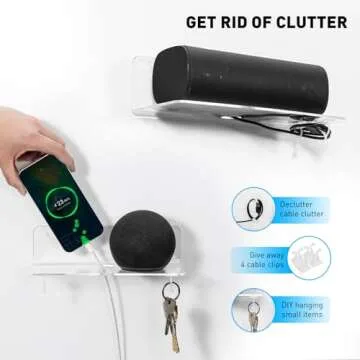 OAPRIRE Clear Acrylic Floating Shelves Set of 2 with Cable Clips - Easily Expand Wall Space - Small Wall Shelf with Strong Adhesive for Bathroom, Bedroom, etc