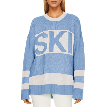 Saodimallsu Womens Color Block Oversized Sweater Ski Print 2024 Trendy Crew Neck Long Sleeve Pullove...