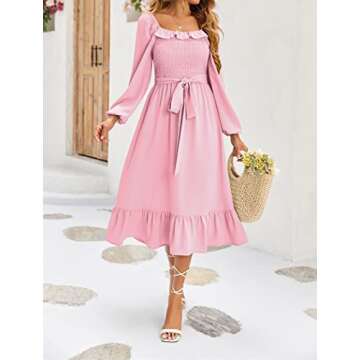 Miladusa Womens Spring Wedding Guest Dresses 2023 Square Neck Long Sleeve Flowy Modest Beach Wedding Guest Dress Baby Shower Dress (Pink, Large)