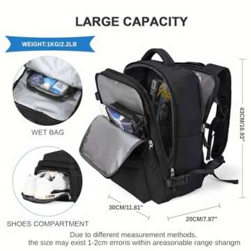 Large Travel Backpack Women, Carry On Backpack,Hiking Waterproof Outdoor Sports Rucksack Casual Daypack Fit 14 Inch Laptop with USB Charging Port Shoes Compartment, Black