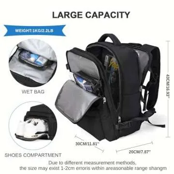 Large Travel Backpack Women, Carry On Backpack,Hiking Waterproof Outdoor Sports Rucksack Casual Daypack Fit 14 Inch Laptop with USB Charging Port Shoes Compartment, Black