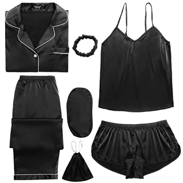 Ekouaer Pajamas for Women Silk Satin Loungewear 7pcs Cami PJs/Button Down Long Sleeve Shirt Bridal S...