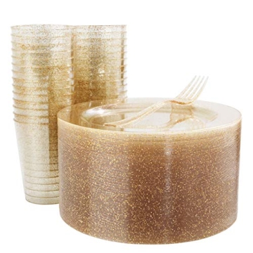 WELLIFE 50 PCS Gold Glitter Dinnerware Set for Events