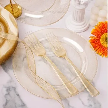 WELLIFE 50 PCS Gold Glitter Dinnerware Set for Events