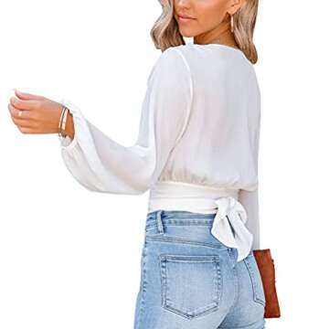 LYANER Women's Deep V Neck Tie Knot Front Long Sleeve Sexy Wrap Cover Ups Crop Top Blouse White Medium