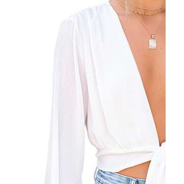LYANER Women's Deep V Neck Tie Knot Front Long Sleeve Sexy Wrap Cover Ups Crop Top Blouse White Medium
