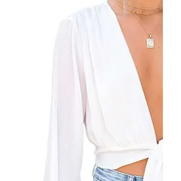 LYANER Women's Deep V Neck Tie Knot Front Long Sleeve Sexy Wrap Cover Ups Crop Top Blouse White Medium