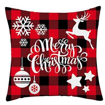 WFLOSUNVE Set of 4 Soft Flannel Christmas Throw Pillow Covers, Red Black Buffalo Check Plaid Snowflake Decorative Pillow Cases Cushion Covers for Couch and Sofa 18x18 Inch (christmas4)