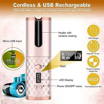 Portable Automatic Hair Curler | Wireless Ceramic Curling Iron | Cordless Self Curling Wand ● Adjustable Temperature ● Anti-Tangle ● Fast USB Recharge ● Travel Friendly