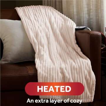 Sunbeam Royal Posh Ribbed Champagne Heated Personal Throw / Blanket, Cozy-Warm, Adjustable Heat Sett...