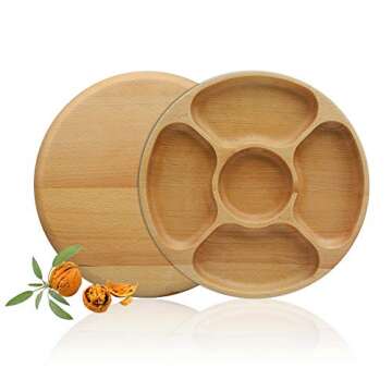Renawe 10 & 8 inch Bamboo Wooden Appetizer Plate Serving Platter Dessert Tray Chip and Dip Dish Sandwich Section Plates Compartment Cheese Platter