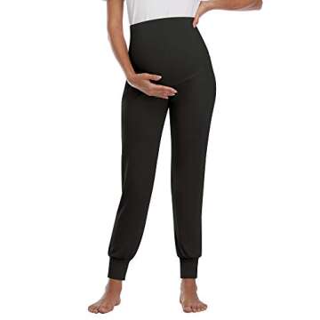 PACBREEZE Women's Maternity Pants Lounge Workout Joggers Over The Belly Pajama Sweatpants Stretchy Pregnancy Pants(Black, Medium)