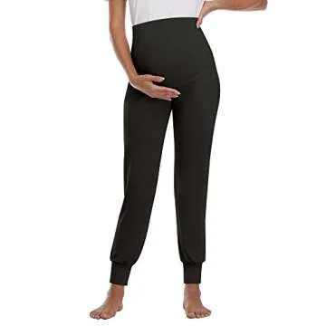 PACBREEZE Women's Maternity Pants Lounge Workout Joggers Over The Belly Pajama Sweatpants Stretchy Pregnancy Pants(Black, Medium)