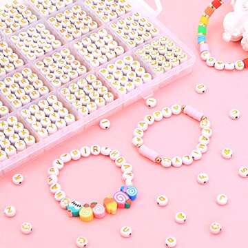 XIMISHOP 1400pcs Round Letter Beads for Jewelry Making, 28 Style Gold A-Z Alphabet Acrylic Beads Kits Heart Beads for Bracelets Making (4 * 7mm)