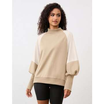 MISSACTIVER Women's Mock Neck Oversized Sweatshirts Casual Color Block Long Sleeve Contrast Shoulders Pullover Jumper Tops Khaki