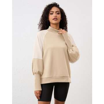 MISSACTIVER Women's Mock Neck Oversized Sweatshirts Casual Color Block Long Sleeve Contrast Shoulders Pullover Jumper Tops Khaki