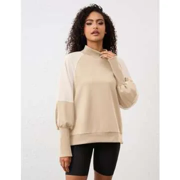 MISSACTIVER Women's Mock Neck Oversized Sweatshirts Casual Color Block Long Sleeve Contrast Shoulders Pullover Jumper Tops Khaki