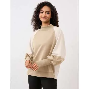 MISSACTIVER Women's Mock Neck Oversized Sweatshirts Casual Color Block Long Sleeve Contrast Shoulders Pullover Jumper Tops Khaki