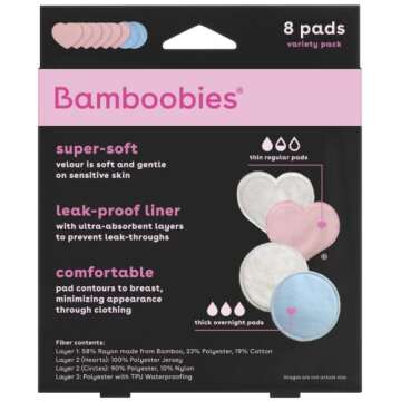 Bamboobies Nursing Pads, Ultra-Soft Velour, Reusable, Washable & Leak-Proof, 6 Regular and 6 Overnight Pads for Breastfeeding