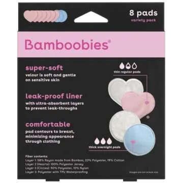 Bamboobies Nursing Pads, Ultra-Soft Velour, Reusable, Washable & Leak-Proof, 6 Regular and 6 Overnight Pads for Breastfeeding