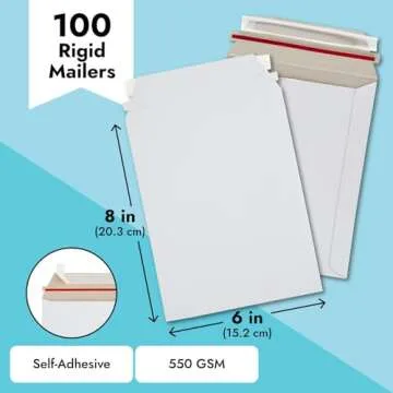 Juvale 100 Pack 6x8 Rigid Mailers - 550 GSM Thick Self Adhesive Stay Flat Cardboard Envelopes for Shipping Photos, Documents, Collectible Trading Cards (White)