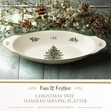 Spode Christmas Tree 12.25" Round Handled Serving Platter - Porcelain Serving Plate for Holiday Snacks, Appetizers, Buffet Displays - Dishwasher Safe - Christmas Décor & Holiday Gift