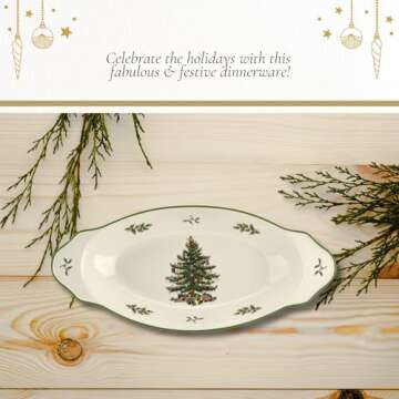 Spode Christmas Tree 12.25" Round Handled Serving Platter - Porcelain Serving Plate for Holiday Snacks, Appetizers, Buffet Displays - Dishwasher Safe - Christmas Décor & Holiday Gift