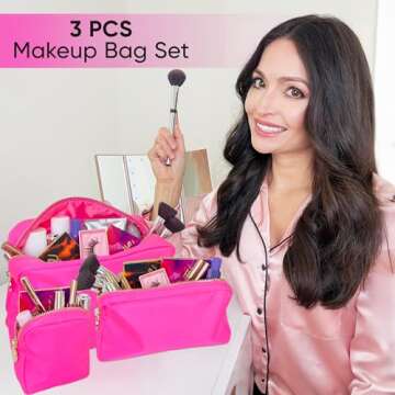 3 Piece Makeup Bag Set Mini, Small & Large Cosmetic Bags for Women & Girls Cute Makeup Bag Set, Travel Toiletry Bag Women, Make-up Bag Set Cosmetic Bag Set Travel Makeup Bag Pouch Set (Hot Pink)