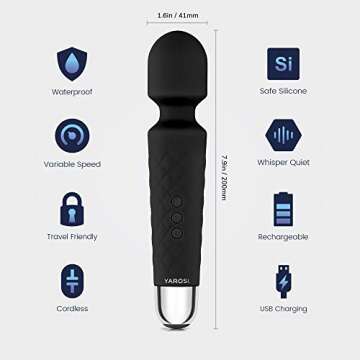 Yarosi Massage Device Strongest Cordless Handheld Massager - Powerful - Best for Travel - Magic Stress Away - Perfect on Back Legs Hand Pains and Sports Recovery - Black