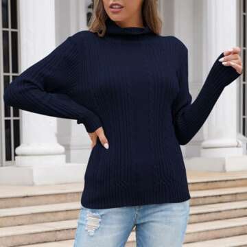 Pink Queen Women's Turtleneck Cable Knit Casual Pullover Sweater Tunic Top Navy Blue L