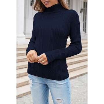 Pink Queen Women's Turtleneck Cable Knit Casual Pullover Sweater Tunic Top Navy Blue L