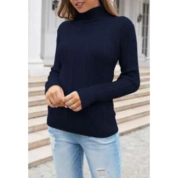 Pink Queen Women's Turtleneck Cable Knit Casual Pullover Sweater Tunic Top Navy Blue L