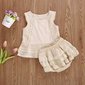 Mubineo Toddler Baby Girl Summer Ruffle Sleeveless Lace Tops Bloomers Shorts Clothes Outfits (P1 Beige, 12-18 Months)