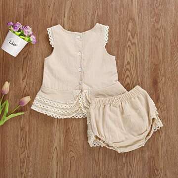 Mubineo Toddler Baby Girl Summer Ruffle Sleeveless Lace Tops Bloomers Shorts Clothes Outfits (P1 Beige, 12-18 Months)
