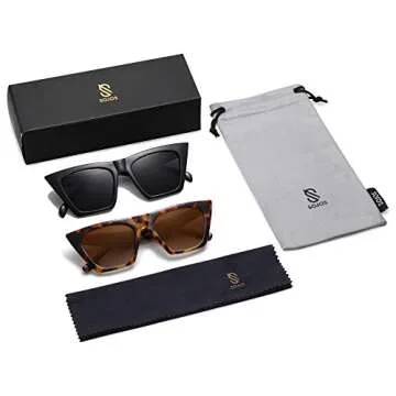 SOJOS 2 Pack Oversized Square Cateye Polarized Sunglasses Big Trendy Style Sunnies SJ2115, Black & Tortoise