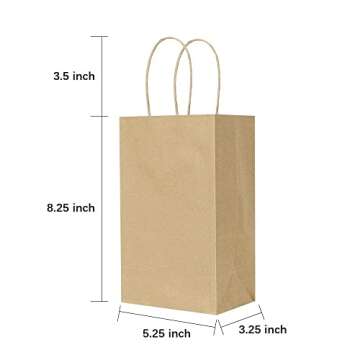 Oikss 100 Pack 5.25x3.25x8.25 Inch Small Plain Natural Kraft Paper Gift Bags with Handles Bulk for B...
