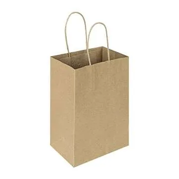 Oikss 100 Pack 5.25x3.25x8.25 Inch Small Plain Natural Kraft Paper Gift Bags with Handles Bulk for Birthday Party Favors Grocery Retail Shopping Business Goody Craft Bags Cub Sacks (Brown 100 Count)