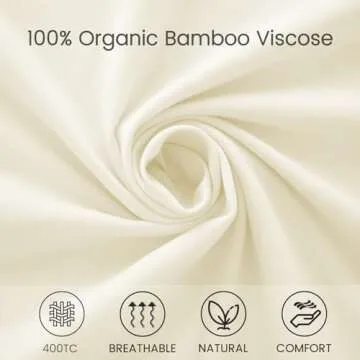 JSELF Bamboo Viscose Sheets Queen Size Bed Sheets Set 4 Pcs - 100% Organic Bamboo Viscose, 400 Thread Count Percale Luxuriously Soft Cooling & Breathable Double Stitching, 16” Deep Pocket - Warm Cream