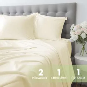 JSELF Bamboo Viscose Sheets Queen Size Bed Sheets Set 4 Pcs - 100% Organic Bamboo Viscose, 400 Thread Count Percale Luxuriously Soft Cooling & Breathable Double Stitching, 16” Deep Pocket - Warm Cream