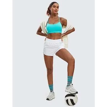 CRZ YOGA Butterluxe Y Back Sports Bras for Women Wireless Yoga Padded Top (Neon) Spectral Blue Medium