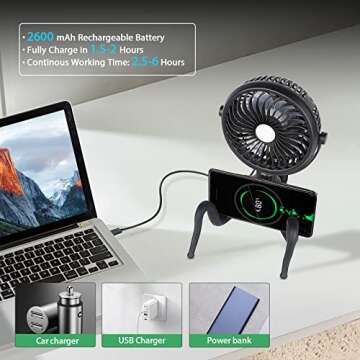 SkyGenius Handheld Stroller Battery Operated Fan for Baby, Personal Portable Fan with Rechargeable Battery, Flexible Tripod Clip on Fan for Carseat, Stroller, Crib or Beach Umbrella (Black)