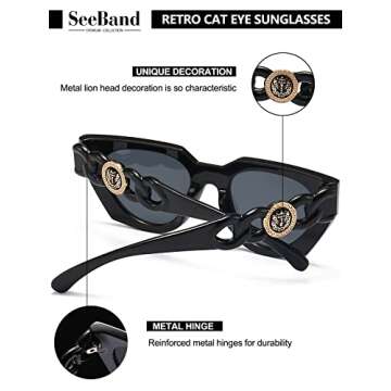 SeeBand Retro Cat Eye Sunglasses for Women Men Thick Frame Irregular Cat Eye Sunnies 90's Vintage Fashion Goggles Sunglasses (Black/Grey)