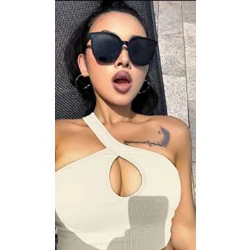 OQQ Women's 2 Piece Workout Outfits Ribbed Seamless High Waist Leggings with One Shoulder Crop Tops Exercise Set Beige