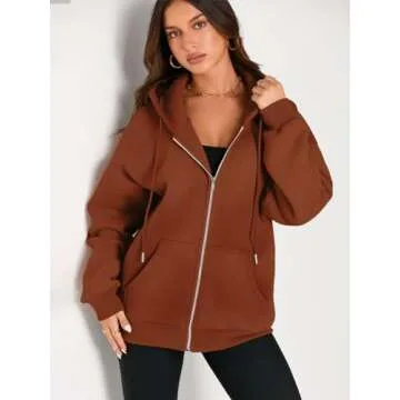 EFAN Women Zip Up Hoodies Oversized Sweatshirt Jacket 2024 Fall Fleece Cute Pullover Hooded Tops Teen Girls Casual Loose Fit Y2k Trendy Fashion Gym Clothes Outfits Rust S