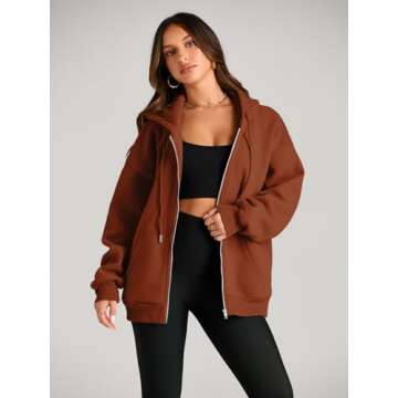 EFAN Women Zip Up Hoodies Oversized Sweatshirt Jacket 2024 Fall Fleece Cute Pullover Hooded Tops Teen Girls Casual Loose Fit Y2k Trendy Fashion Gym Clothes Outfits Rust S
