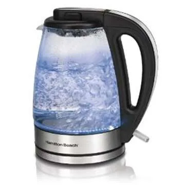 Hamilton Beach 1.7 L Glass Electric Kettle for Tea and Water, Cordless, LED Indicator, Auto-Shutoff and Boil-Dry Protection, Brushed Metal (40865), Clear
