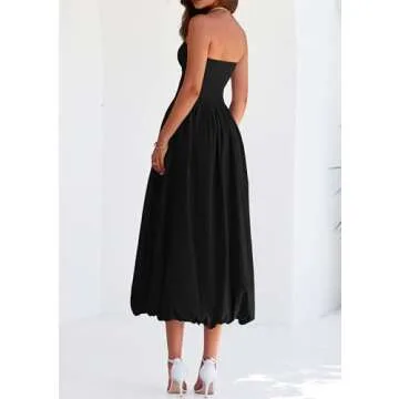 PRETTYGARDEN Women's 2025 Summer Strapless Tube Midi Dress Smocked A Line Bubble Long Flowy Casual E...