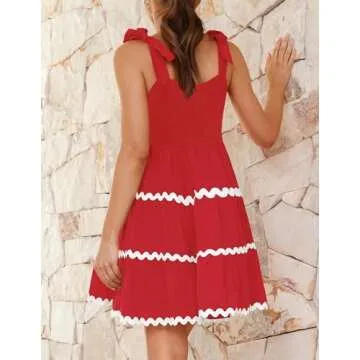 ZESICA Women's Summer Swing Mini Dress Casual Spaghetti Straps Sleeveless Smocked Backless Flowy A Line Sundress,Red,Small